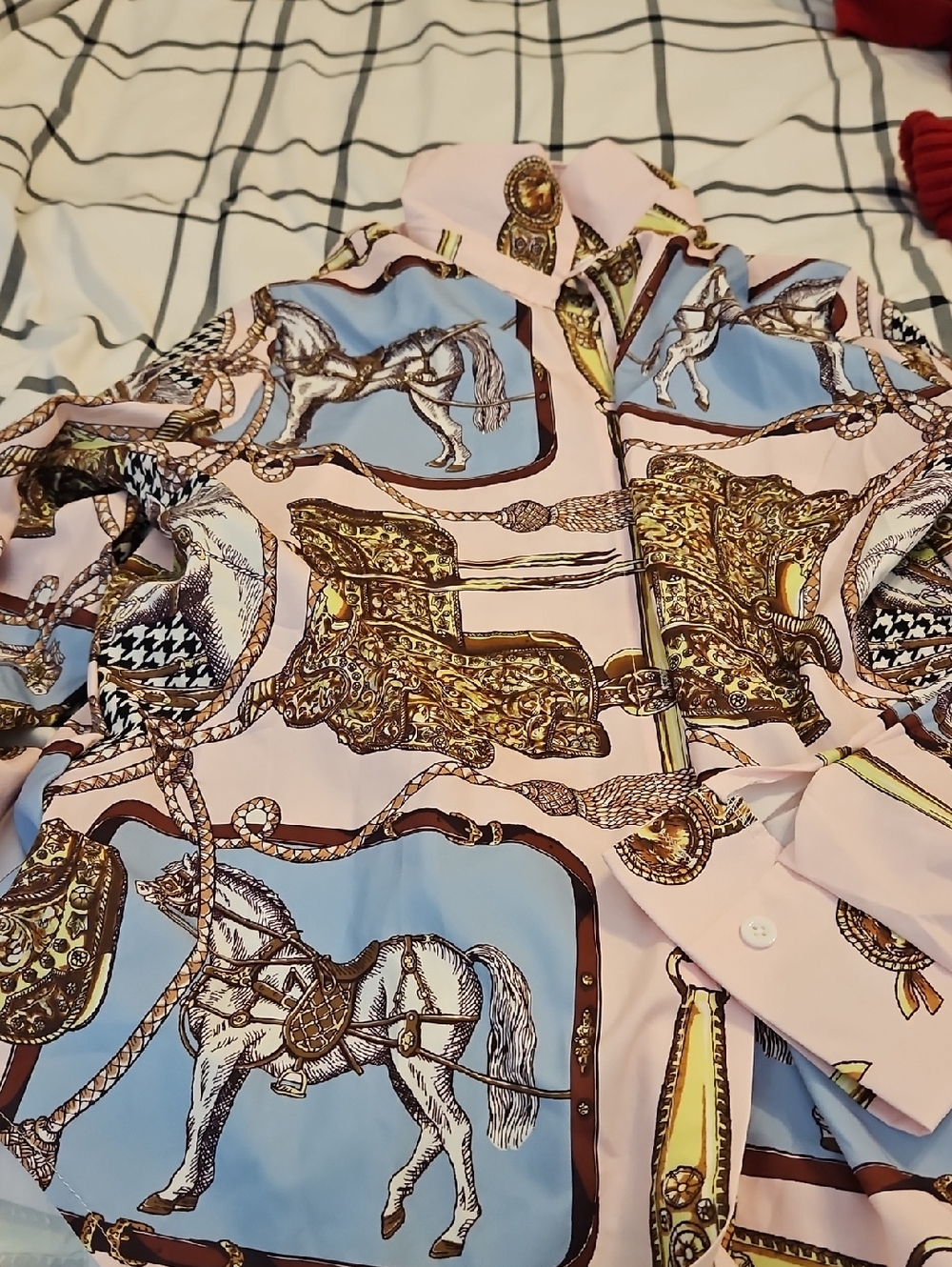 Hermes Pink and Blue Silk Horse-Print Blouse.idk What Size & Hermes Is On Label.